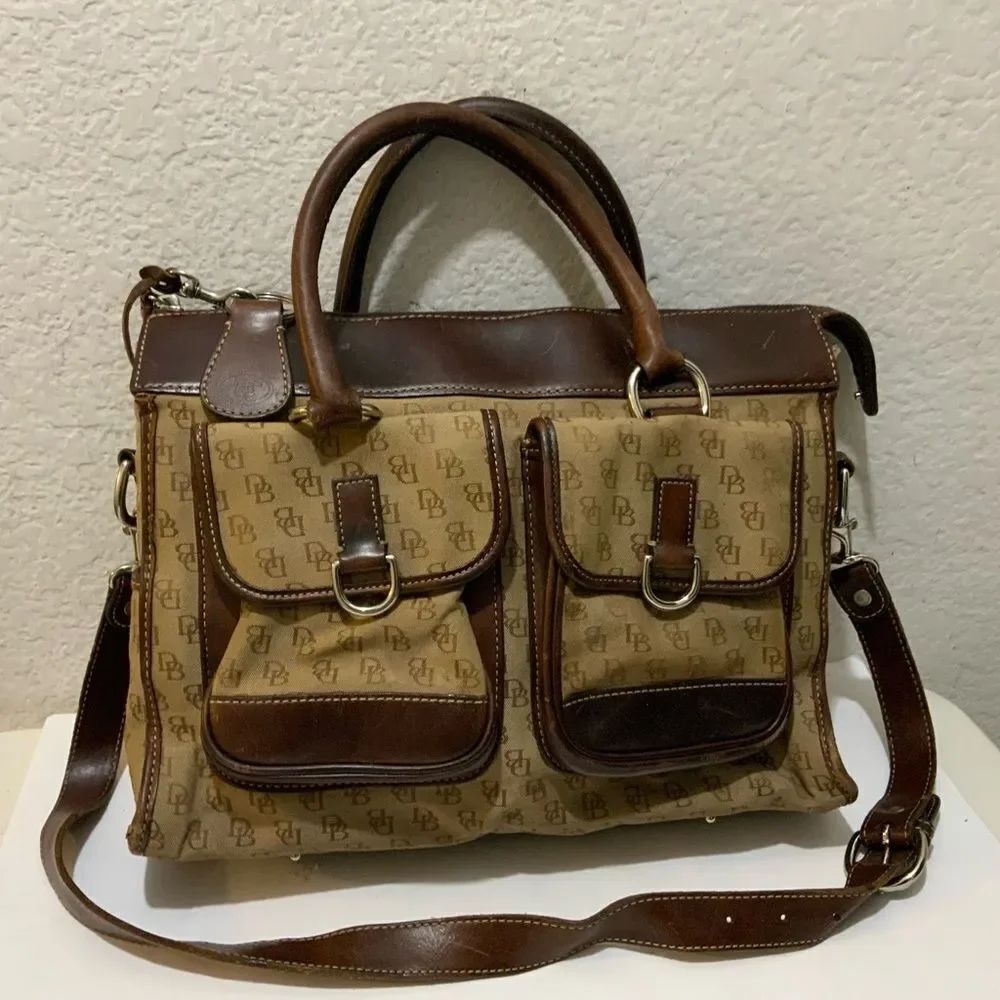 Dooney Bourke Monogram Signature Brown Textile Satchel Shoulder Bag 13x10x4"